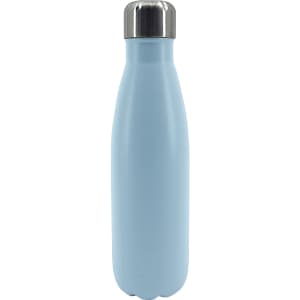 A drink bottle with a light blue body and stainless steel cap, featuring a logo on the side.