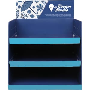 A three-tier counter display featuring a blue design and a decorative top panel with a logo.