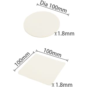 A round and a square absorbent paper coaster in a light colour, each measuring 100mm in diameter or width and 1.8mm thick.
