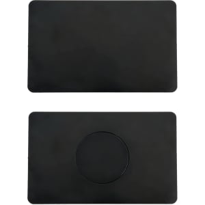 A black metal business card with a smooth surface and a circular cutout on one side.