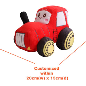 A red plush vehicle toy with a smiling face and large yellow wheels, featuring a black antenna. Customisable size.
