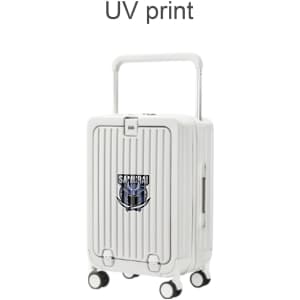 A white hardside suitcase with a logo and a retractable handle, featuring four wheels for easy maneuverability.