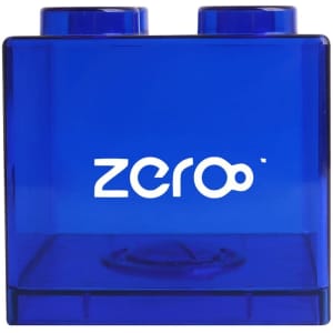 A blue square block coin bank with two top studs and a logo. The design is clear and modern, suitable for home decor.