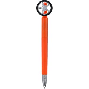 An orange pen with a fidget spinner shaped like a tire on top, featuring a silver tip. The pen has a logo.