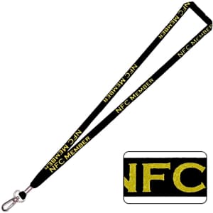 A black bamboo lanyard features yellow text and a logo. It has a secure clip for attachments.