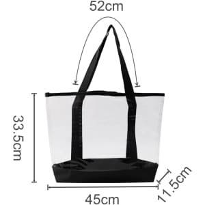 A transparent hand bag with black straps and a solid black base, featuring dimensions of 52cm x 33.5cm x 11.5cm.