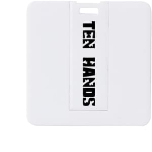 A white square card flash drive with a logo on the front, featuring a pull-out section.