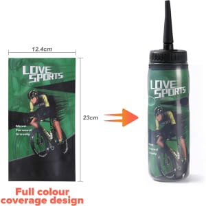A drink bottle featuring a double wall design, in black and green, with a squeeze top and a logo.