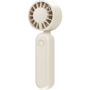 A foldable handheld fan in cream colour, featuring a compact design and a simple push-button interface.