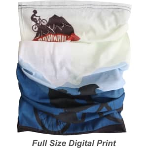 An RPET neck gaiter featuring a blue and green gradient design with bicycle graphics and a logo.