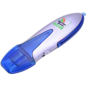 A silver and blue Hummel flash drive with a branding logo and a translucent blue end.