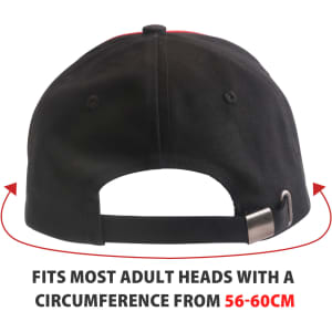 A black cap with a contrast trim, featuring an adjustable strap at the back for size fitting.