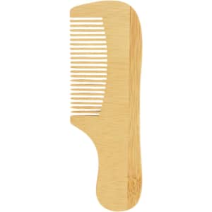 A natural bamboo comb with a handle, featuring a light brown colour and a smooth finish. It has both fine and wide teeth.