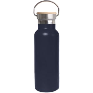 A drink bottle in navy blue with a stainless steel body and bamboo lid, featuring a metal handle.