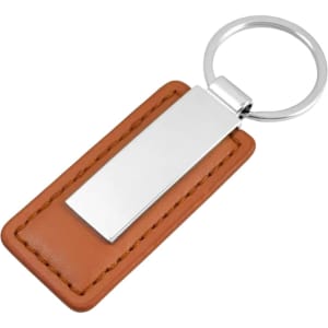 A PU leather keyring in brown with a silver metal attachment, featuring a sleek rectangular design.