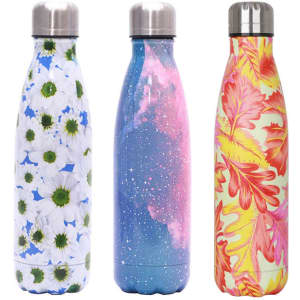 A drink bottle featuring three designs: floral, galaxy, and tropical leaf patterns, with a stainless steel double wall.