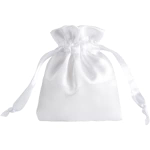 A white silk satin drawstring bag with a gathered top and ribbon ties. It features a smooth, shiny surface.
