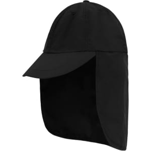 A black baseball cap with a neck flap, designed for sun protection, featuring a logo on the front.