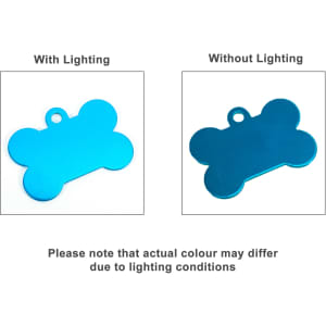 A blue bone-shaped pet ID tag displayed in two lighting conditions, showing variations in colour appearance.