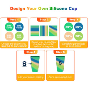 A promotional graphic detailing steps to design a custom silicone cup with colour options and screen printing.