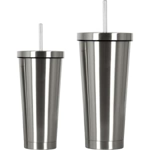 A drink bottle set featuring two stainless steel tumblers in silver with straws, one 480ML and one 650ML.