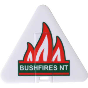 A triangular white flash drive with a red and green logo featuring flames and the text "BUSHFIRES NT."