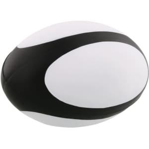 A stress rugby ball in black and white, featuring a smooth surface and a logo on one side.