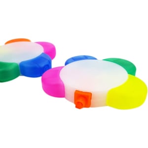 A five-colour highlighter in a flower shape, featuring pink, blue, green, yellow, and orange segments.