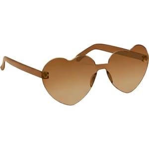 Heart-shaped sunglasses with brown tinted lenses and a brown frame, featuring a logo on the side.