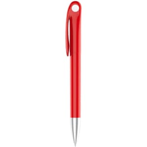 A red plastic pen with a silver nib and a clip, featuring a logo on the barrel.