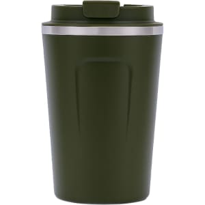 A stainless steel coffee mug in olive green with a silver band and a lid. It features a logo on the body.