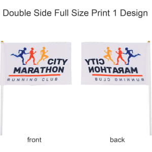 A rectangular cheering flag stick featuring a double-sided design in white, with colourful graphics and a logo.