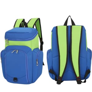 A blue and green basketball backpack with multiple compartments and padded shoulder straps. It features a logo.