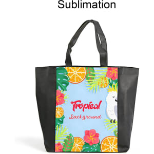 A tote bag with a full-colour tropical design featuring fruits and a bird, complemented by black handles.
