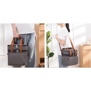 A grey 10L cooler bag with brown straps, being carried by a person, featuring a logo on the front.