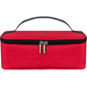 A red portable thermal insulated lunch bag with a black zipper and handle. It features a logo on the side.