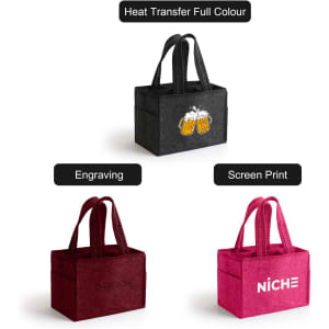 A felt wine tote bag in charcoal and burgundy, featuring dual handles and a logo, ideal for transporting bottles.