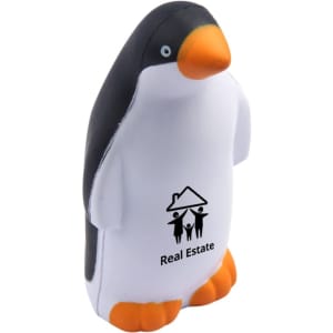 A penguin-shaped stress reliever in black, white, and orange with a logo on the front.
