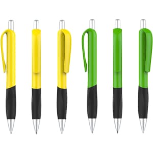 A collection of plastic pens featuring yellow and green barrels with black grips, displaying a logo on each.