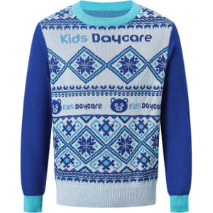 A unisex acrylic cotton jacquard sweater featuring blue tones with a snowflake pattern and a logo.