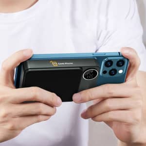 A blue power bank is attached to a smartphone, featuring a logo and a sleek design for charging convenience.