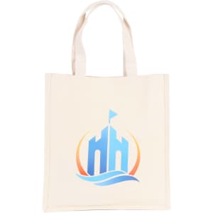 A cream cotton tote bag featuring a logo in blue and orange tones, with two sturdy handles.