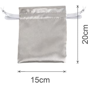 A silver satin drawstring bag with measured dimensions of 15cm by 20cm, featuring a logo.