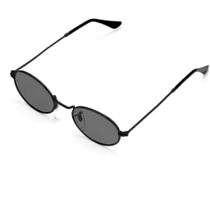 Oval retro sunglasses with dark lenses and a sleek black frame, featuring a simple design.