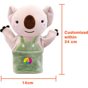 A plush hand puppet featuring a koala design, primarily in grey with green overalls and a colourful logo.
