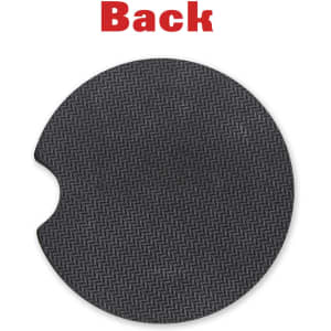 A round black car coaster featuring a textured pattern and a cut-out design, with a logo present.