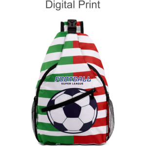 A crossbody bag featuring a football motif with red, green, and white stripes, and a mesh side pocket.