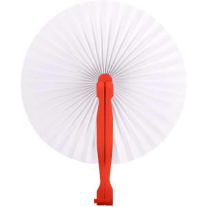A round plastic paper fan with a red handle and white fan surface, featuring a pleated design.