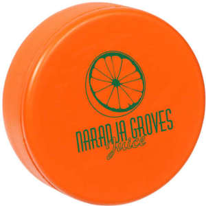 An orange hockey puck-shaped stress reliever with a logo on the surface, designed for fun and stress relief.