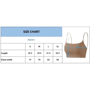 A tan seamless thin-strap U-back yoga crop bra tank with a size chart detailing dimensions for multiple sizes.